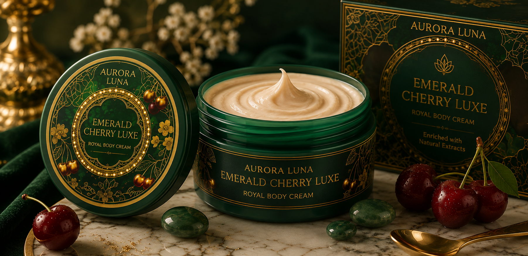 Close view of Emerald Cherry Luxe cream and product